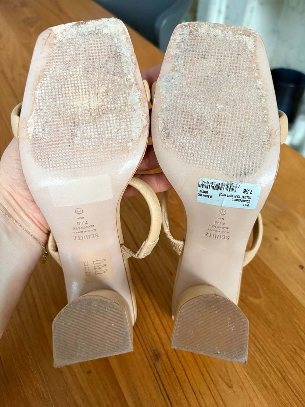 SCHUTZ Ully Mid Block Heel Nappa Leather Sandals in Nude Size 7.5 B - Picture 3 of 5